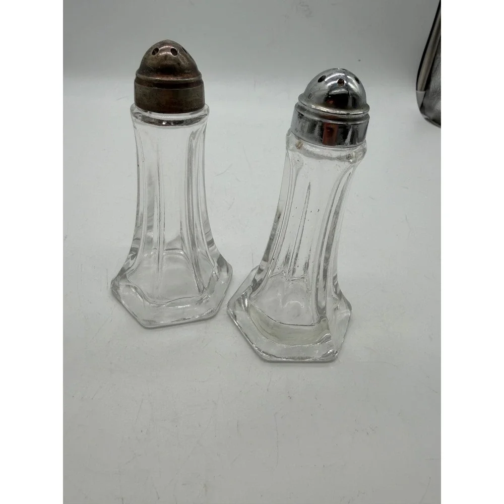 Vintage Paneled Clear Glass Salt and Pepper Shakers Hexagon Base Set of 2